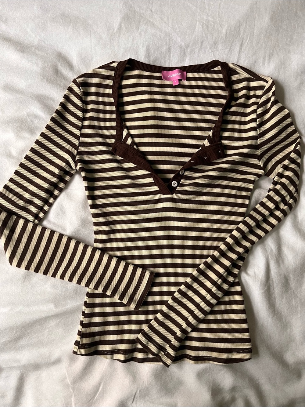 Edikted Roma striped Henley top small in brown yellow stripes